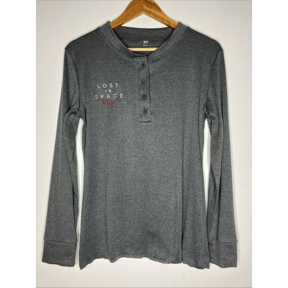 Netflix Lost In Space Shirt Women's XL Long Sleeve Gray Henley Shirt